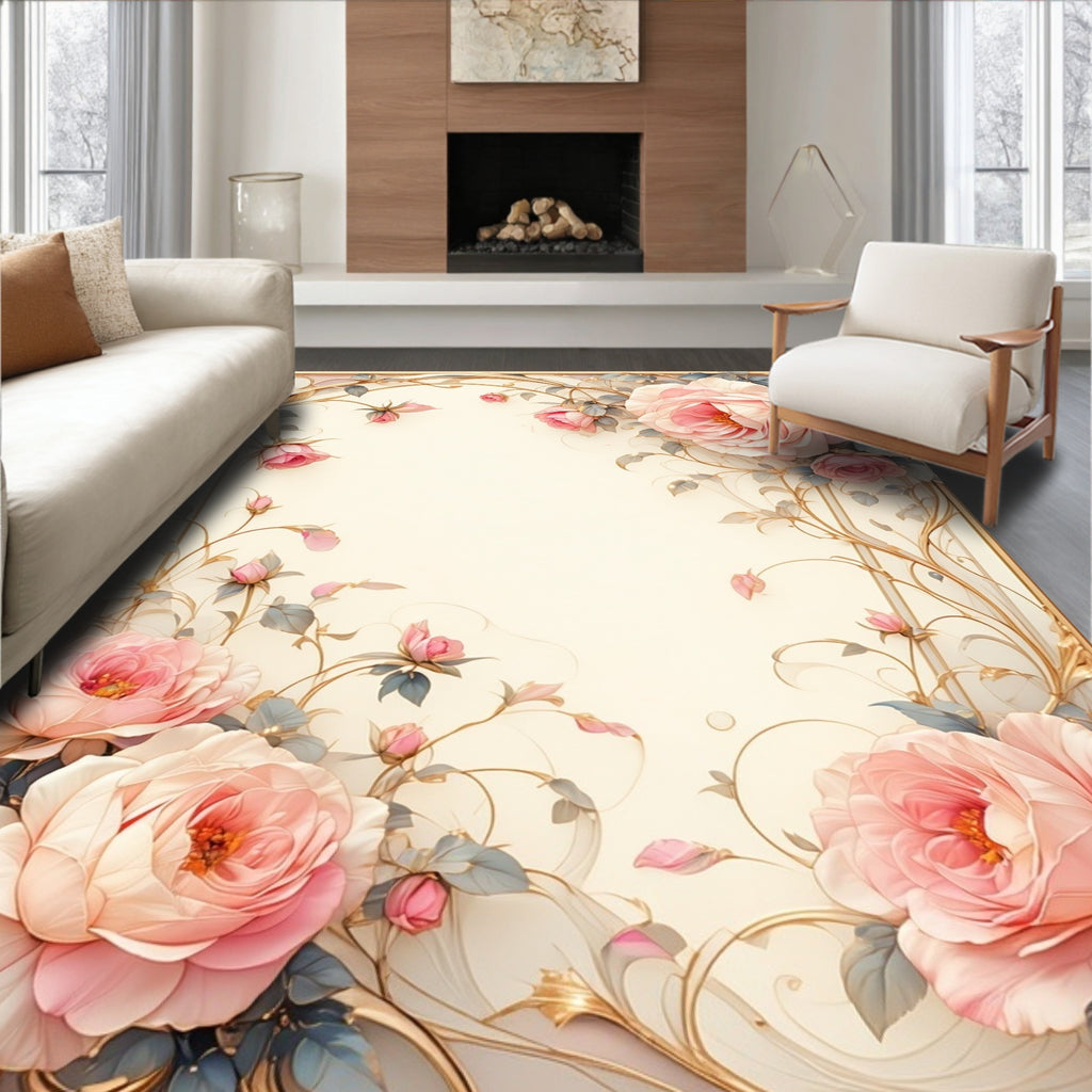 Elegant Floral Branches Pink Rose Rug