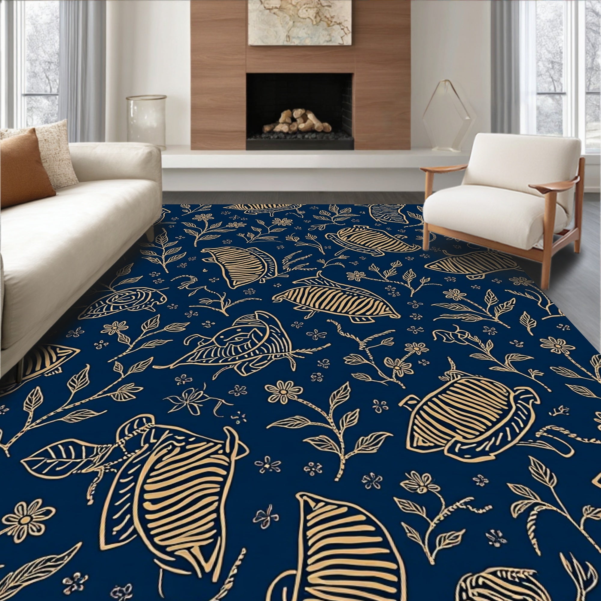 Gold Tropical Floral Pattern Rug