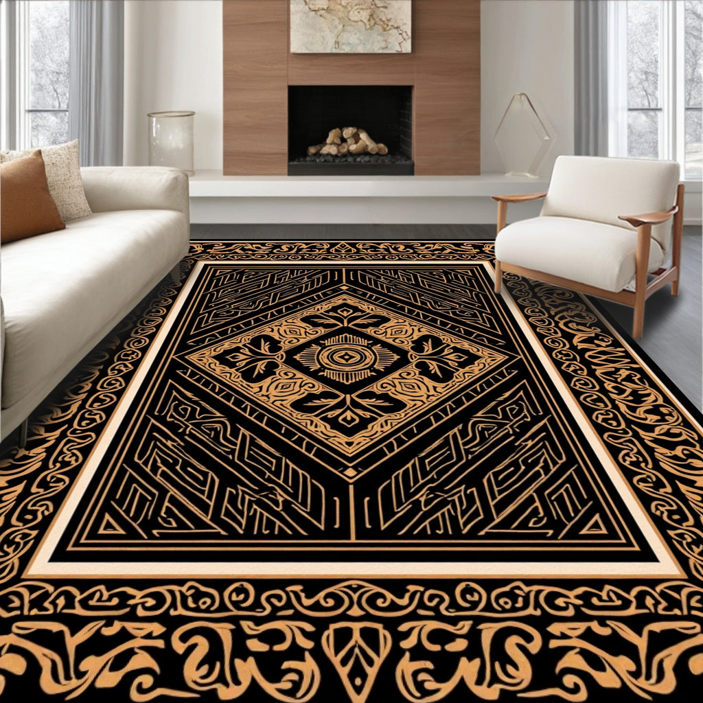 Ornate Black Gold Geometric Diamond Rug