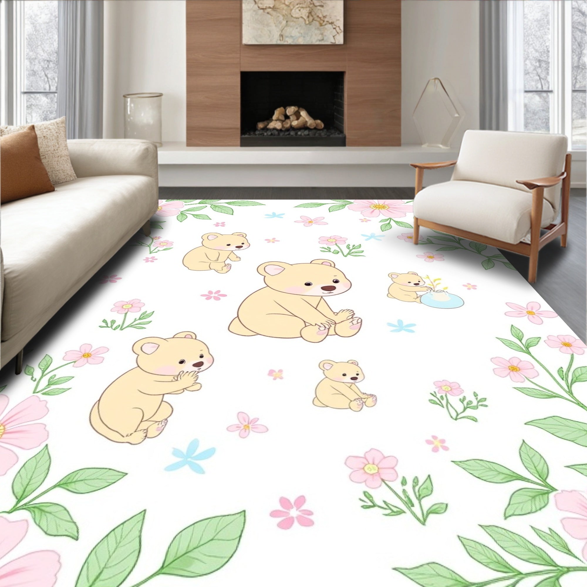 Whimsical Bear Floral Pattern Rug