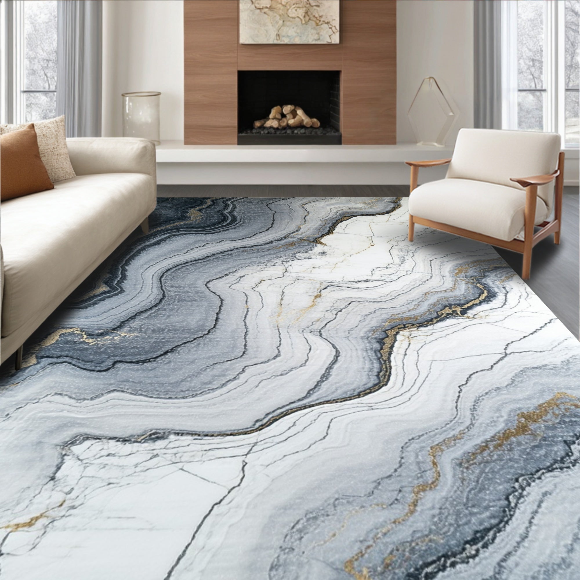 Abstract Grey Gold Veined Marble Design Rug