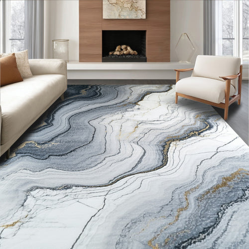 Abstract Grey Gold Veined Marble Design Rug