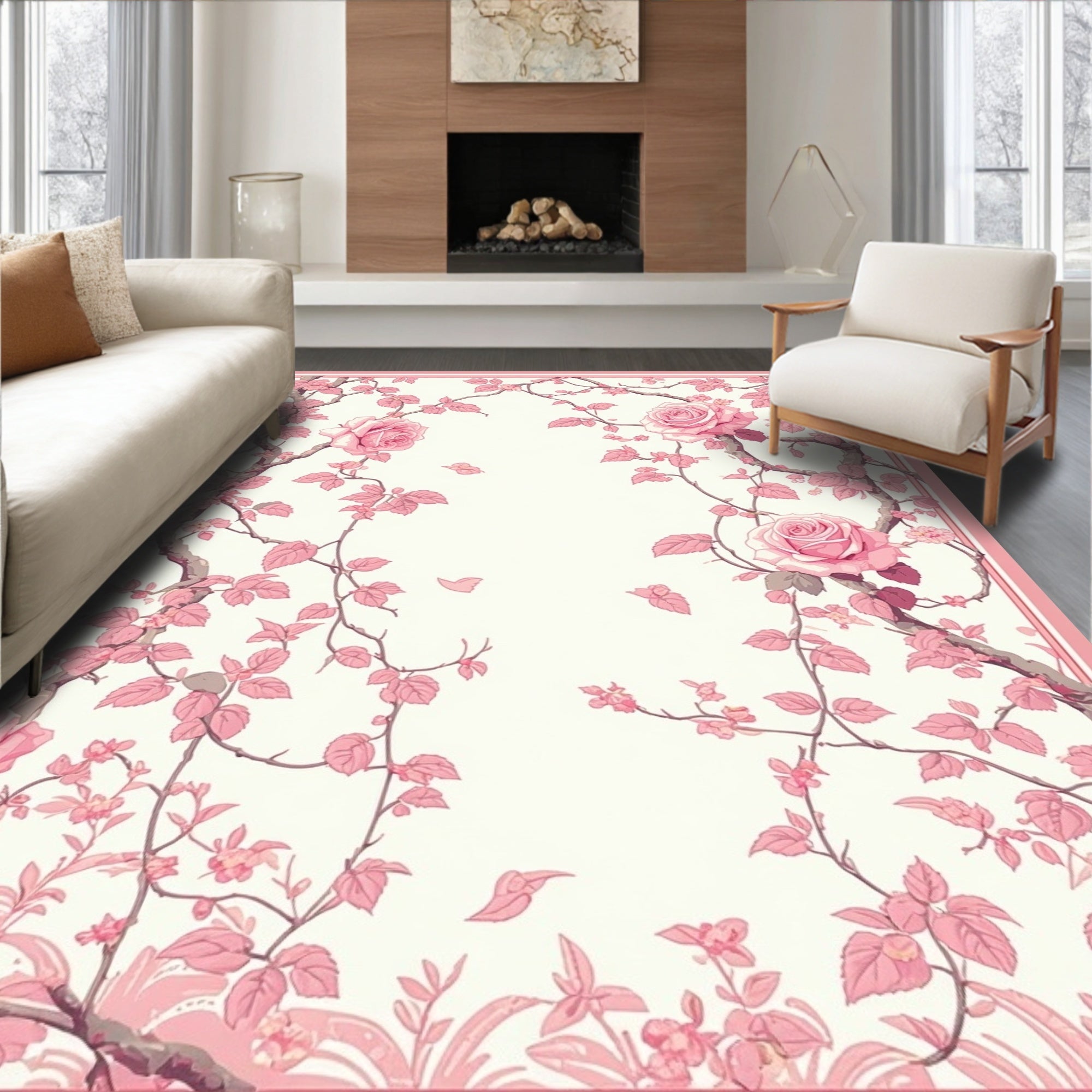 Pink Rose Floral Vine Design Rug