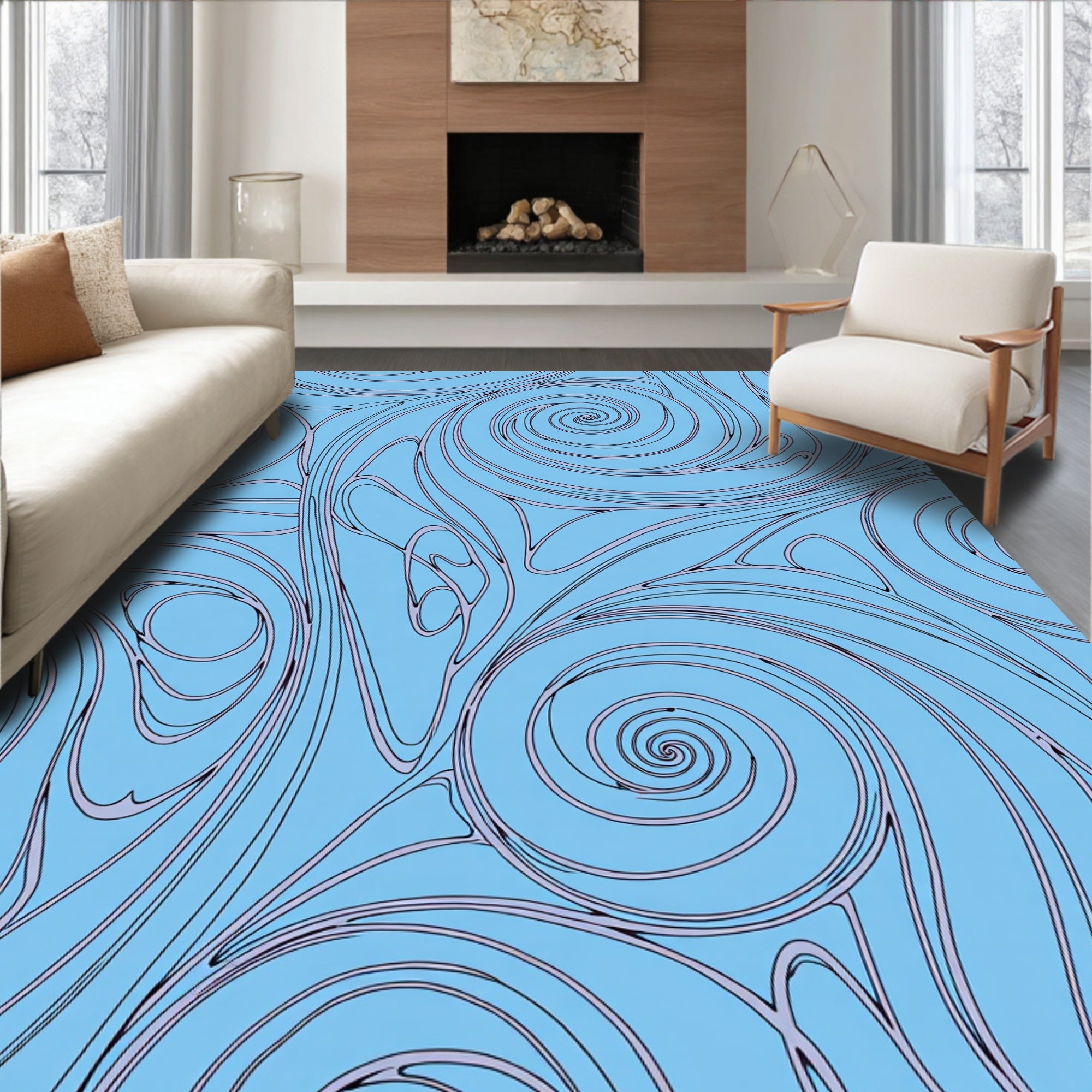 Whimsical Swirls Abstract Blue Pattern Rug