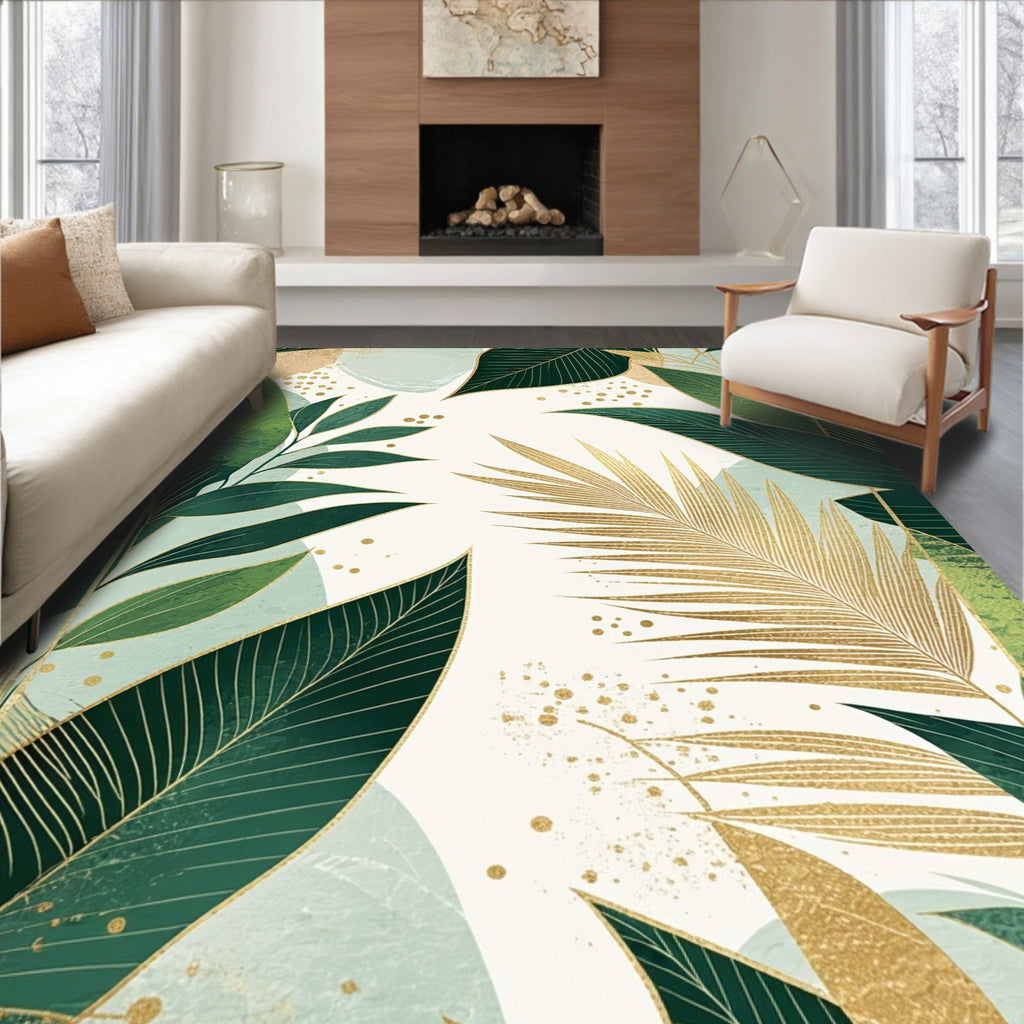 Tropical Green Gold Leaf Pattern Rug