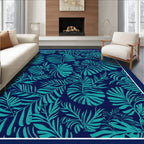 Tropical Leaf Pattern Navy Teal Rug