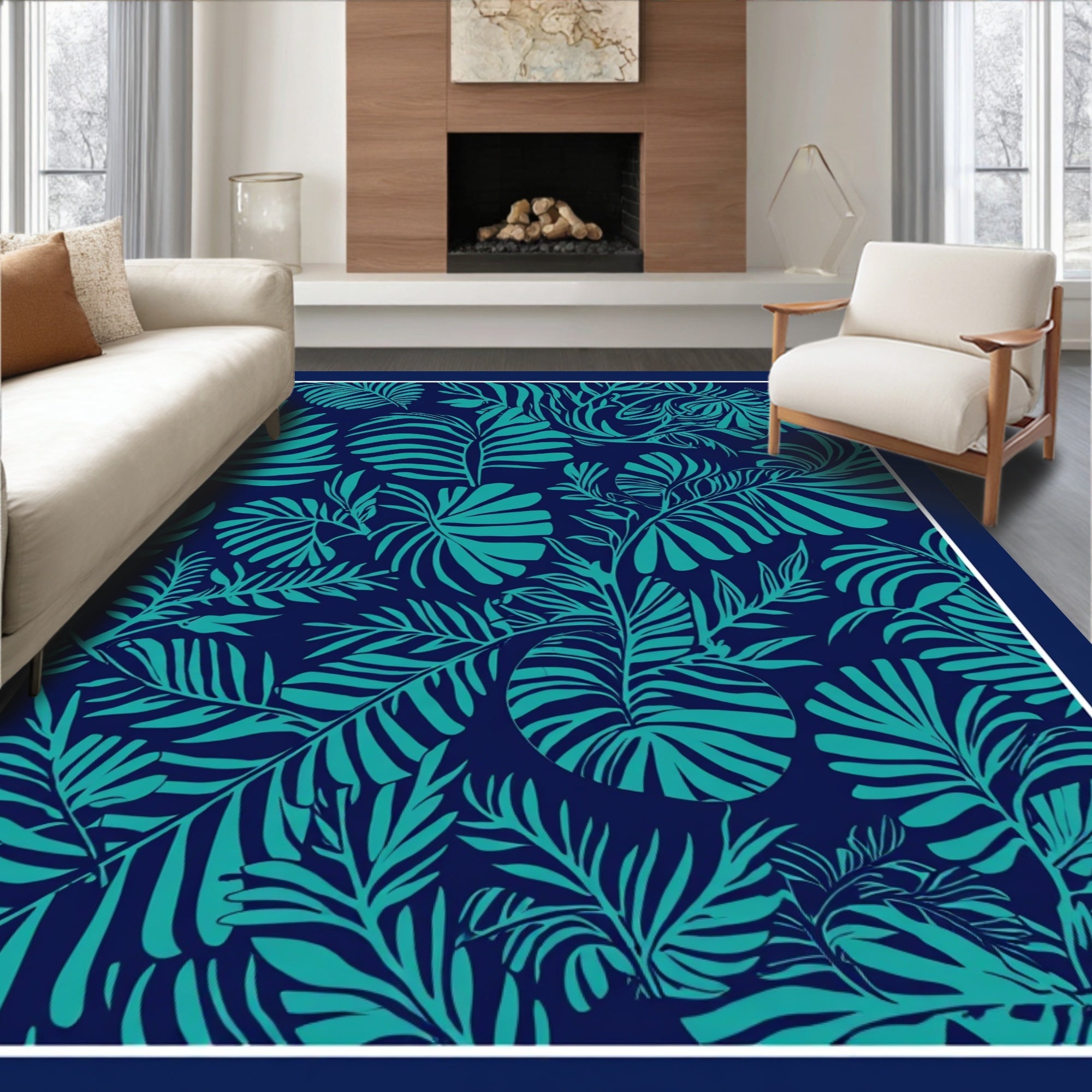 Tropical Leaf Pattern Navy Teal Rug
