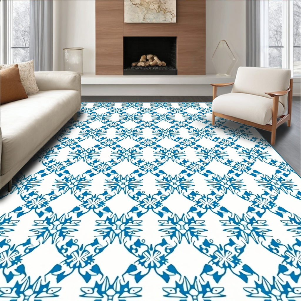 Classic Blue Floral Lattice Pattern Rug