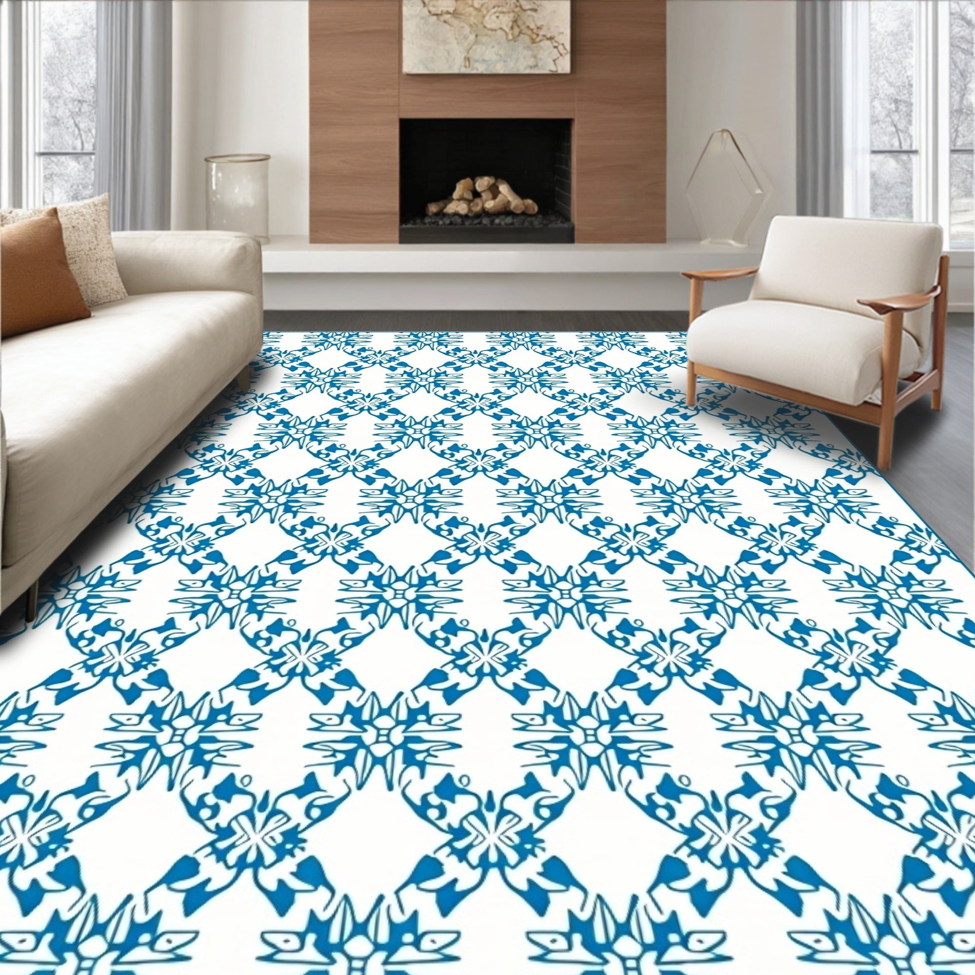 Classic Blue Floral Lattice Pattern Rug