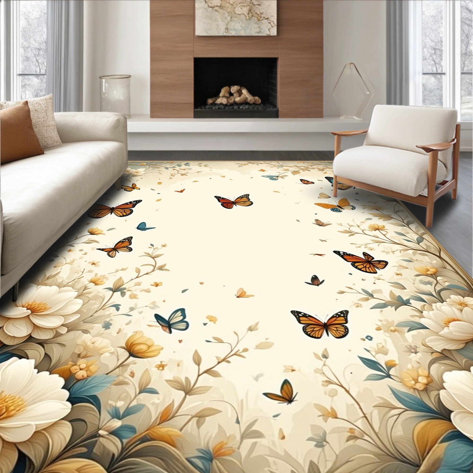 Whimsical Butterfly Floral Garden Design Rug