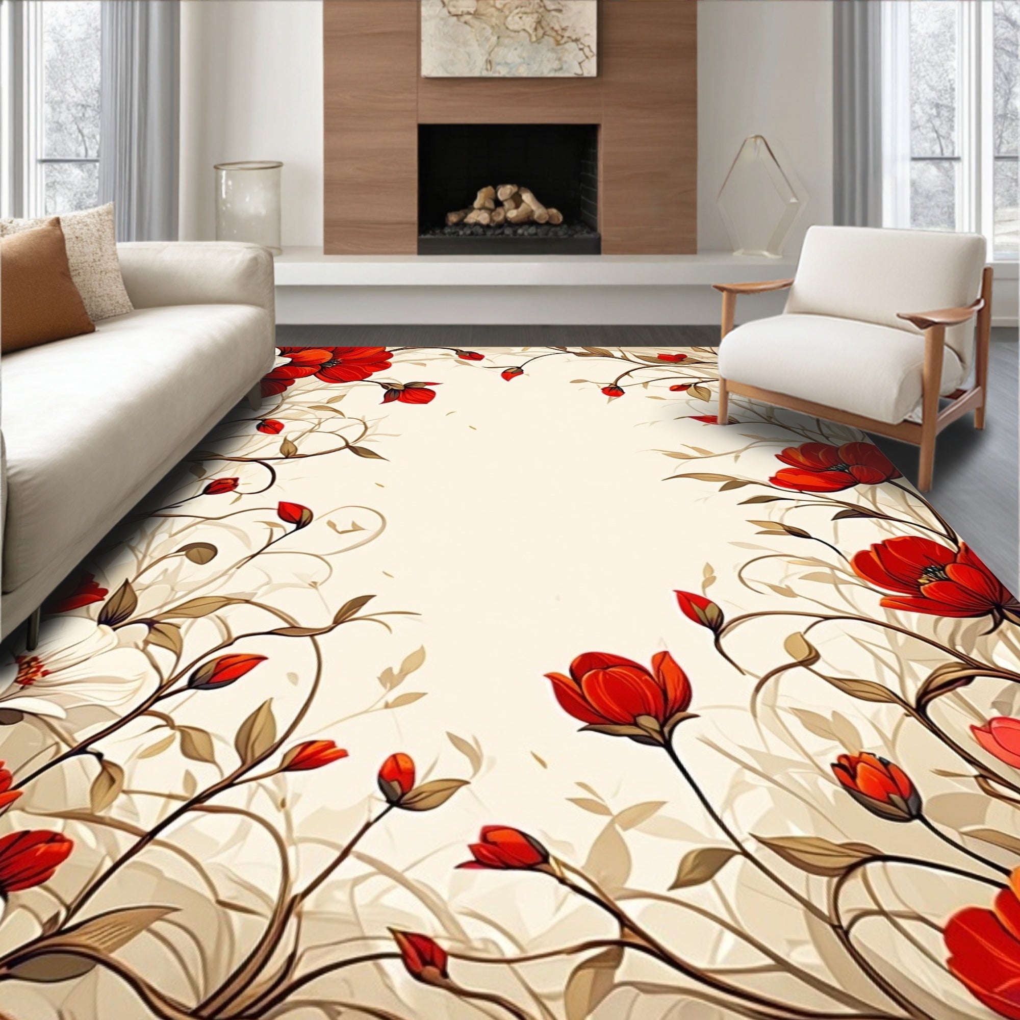 Floral Vine With Red White Blooms Rug