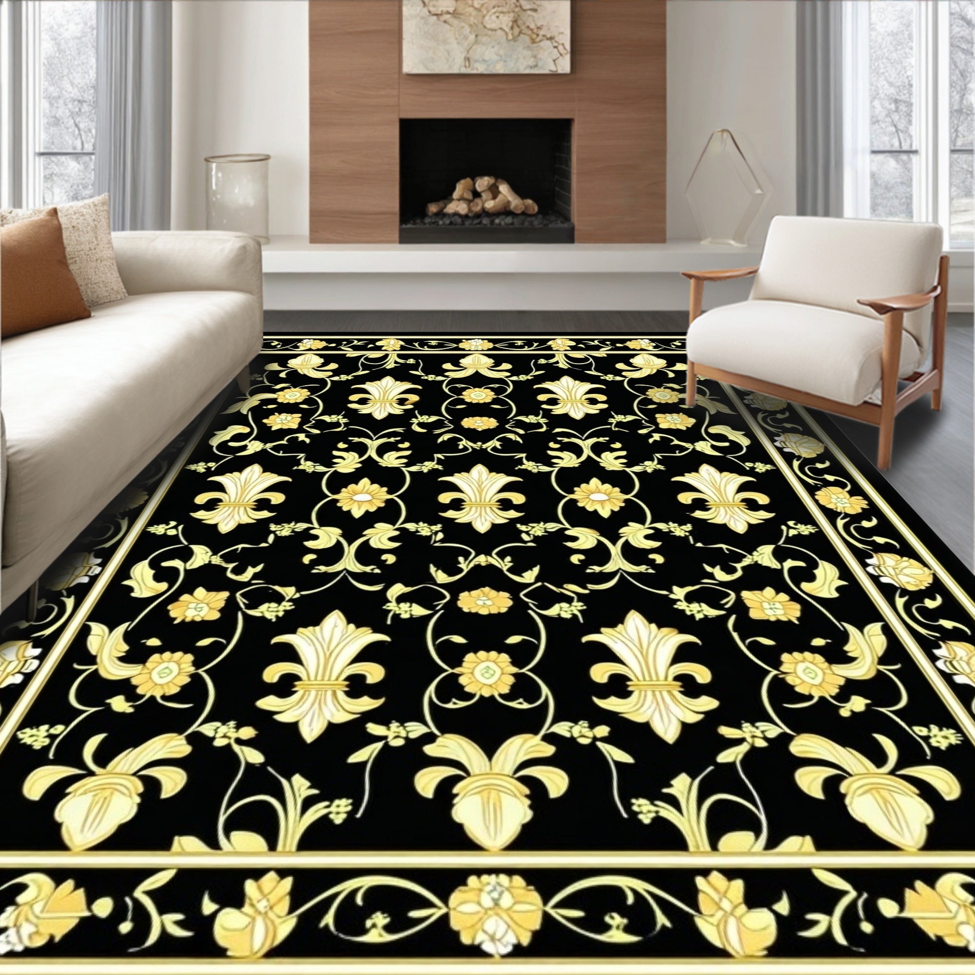 Elegant Gold Fleur-de-Lis Floral Pattern Rug