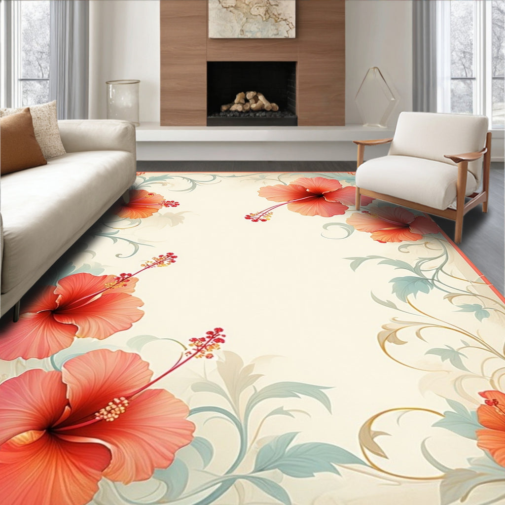 Coral Hibiscus Floral Swirl Pattern Rug