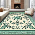 Cream And Teal Floral Medallion Rug