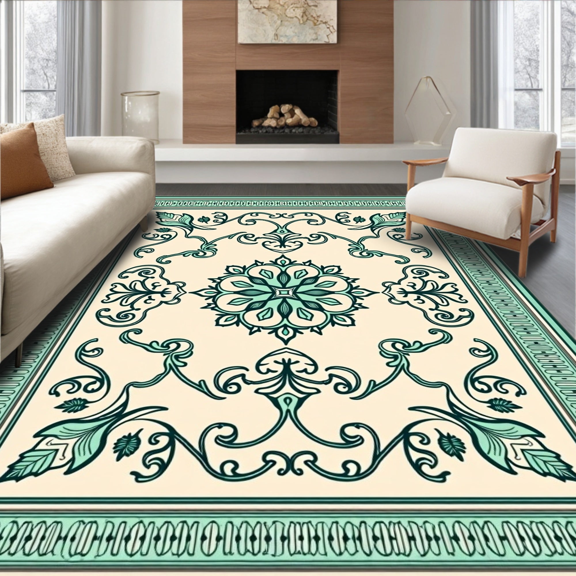 Cream And Teal Floral Medallion Rug