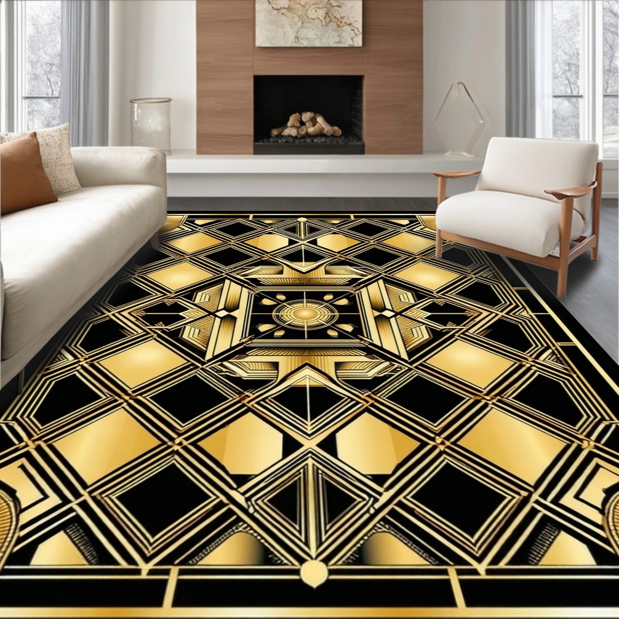 Geometric Golden Art Deco Rug