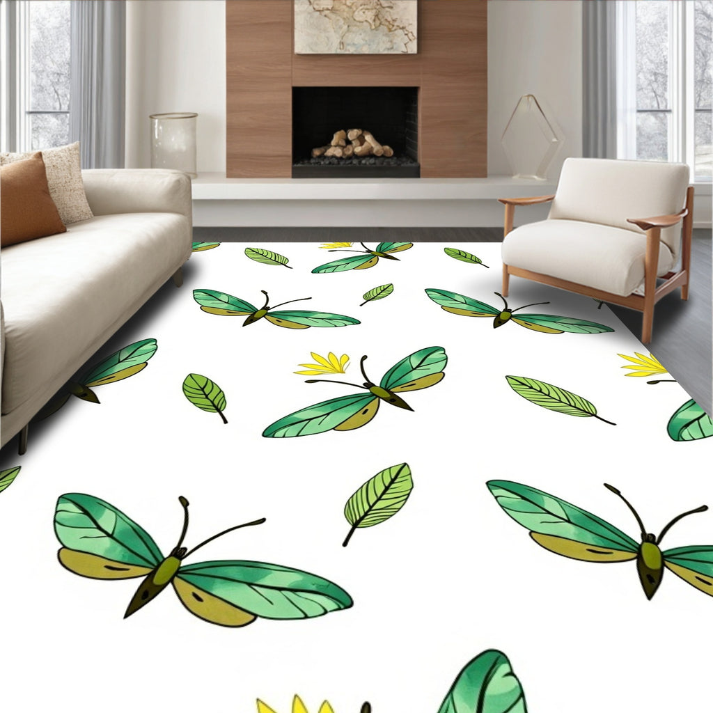 Emerald Butterfly and Leaf Arrangement Rug
