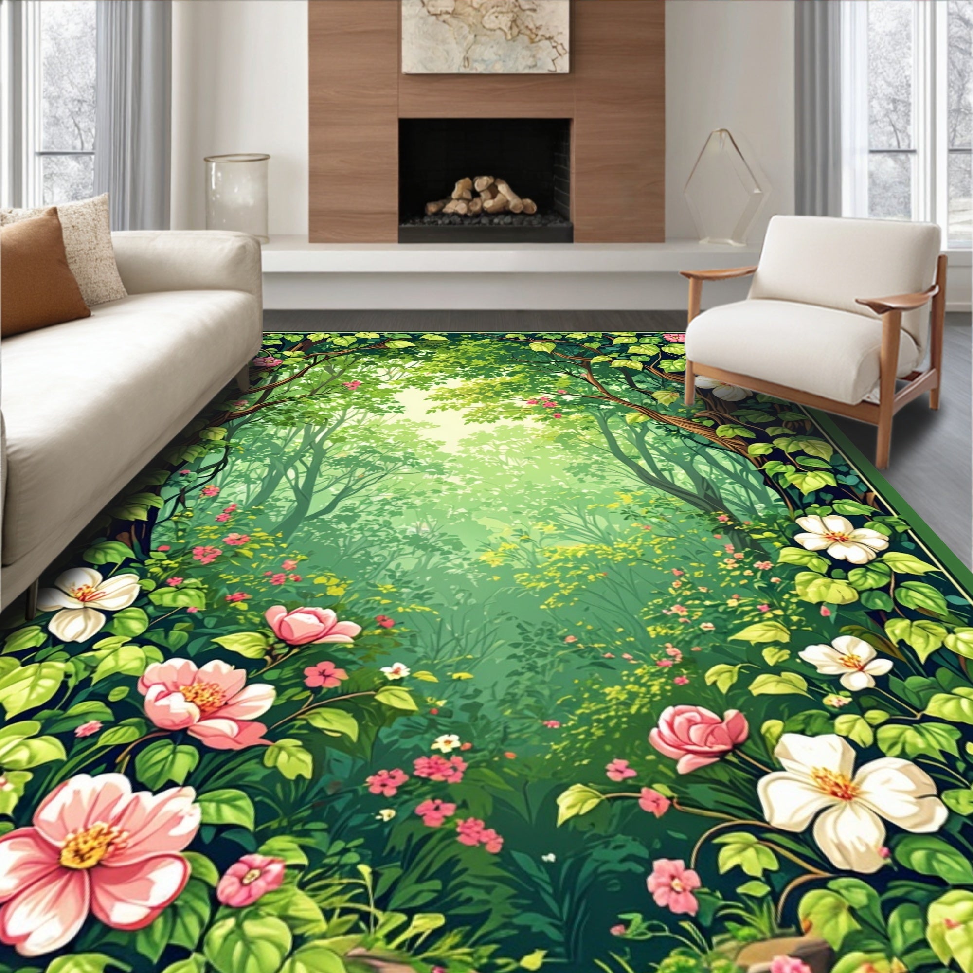 Enchanting Forest Scene Floral Design Rug