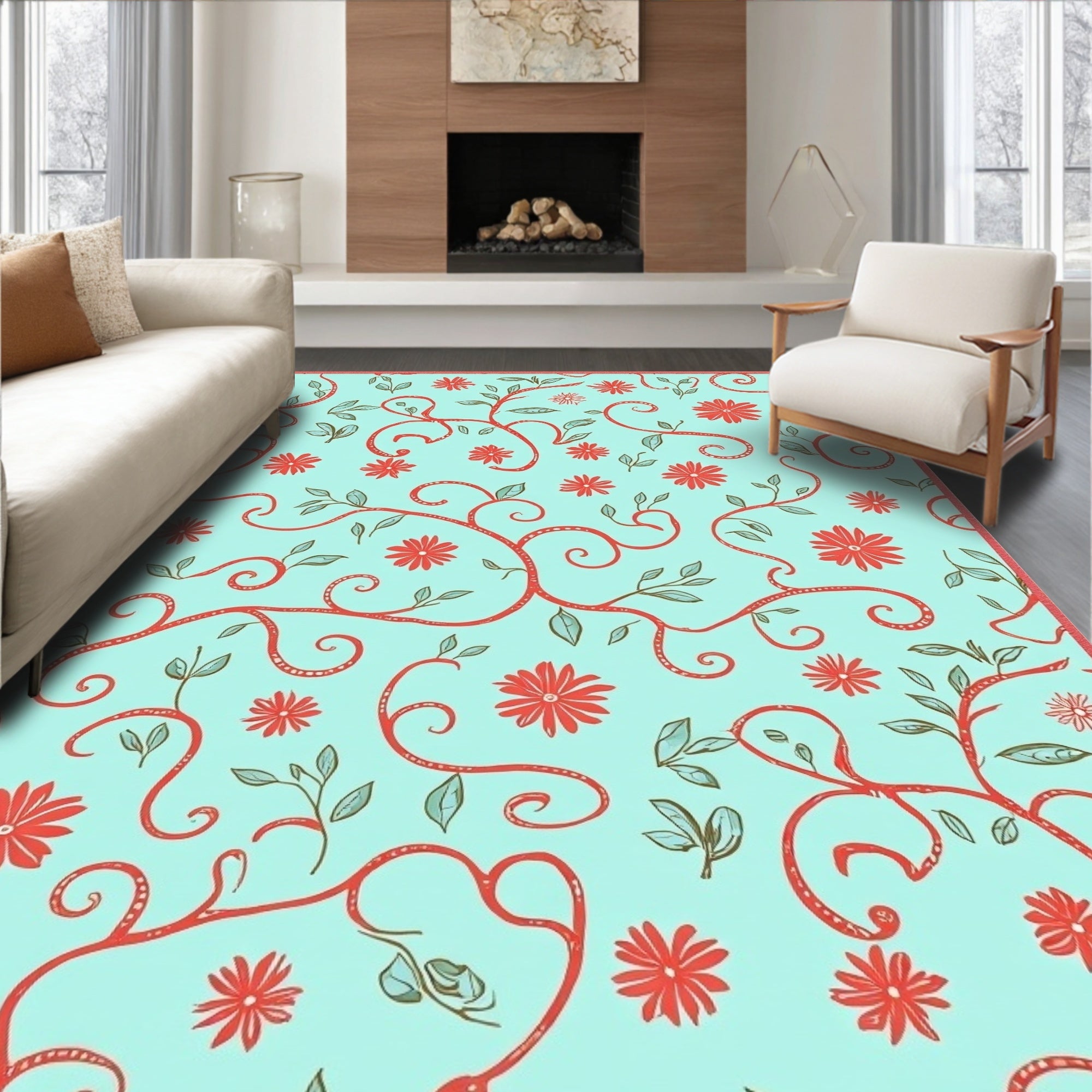Coral Vine Flower Pattern Rug
