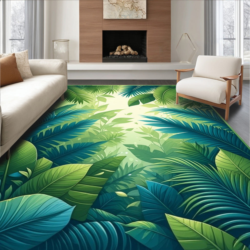 Lush Tropical Jungle Leaf Pattern Rug