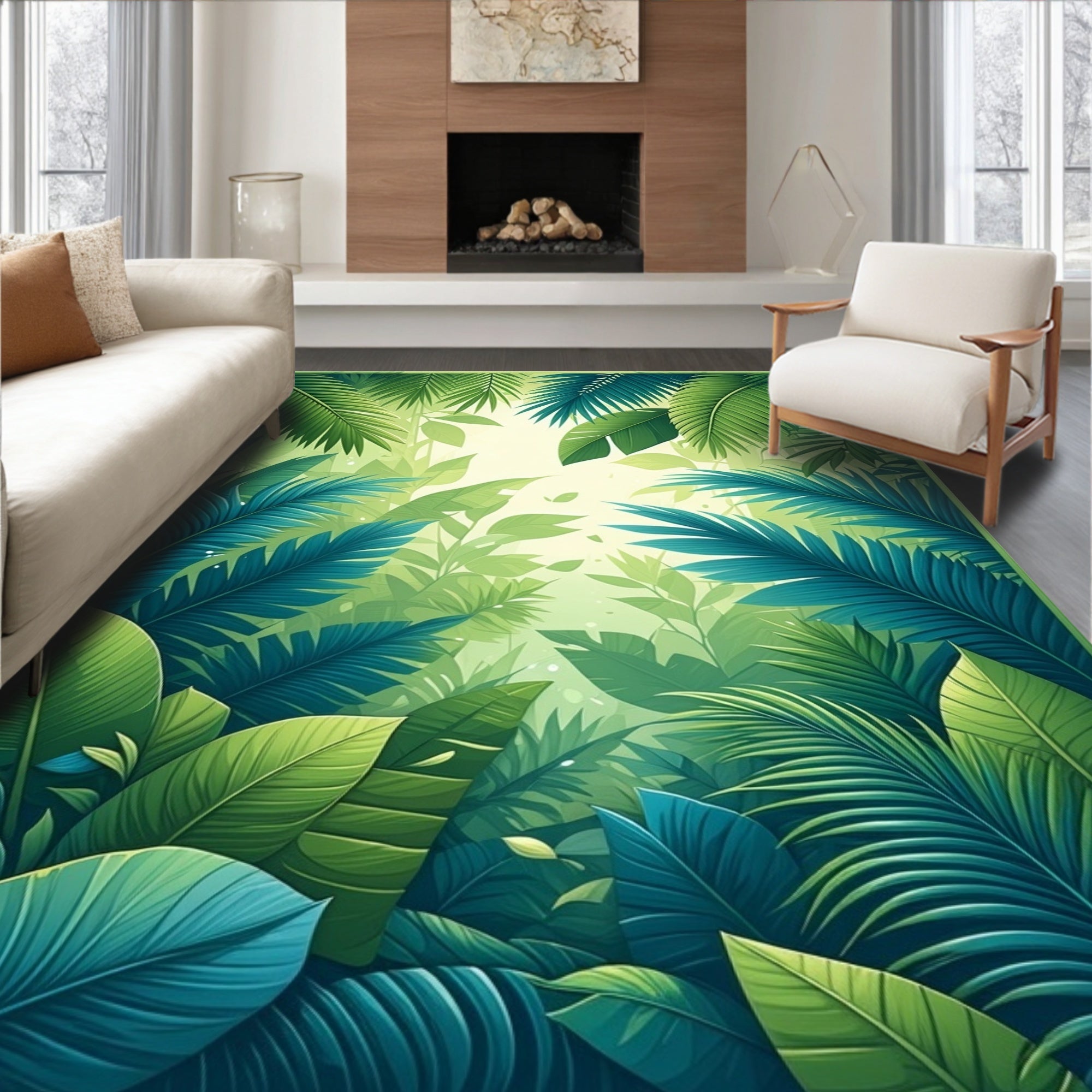 Lush Tropical Jungle Leaf Pattern Rug