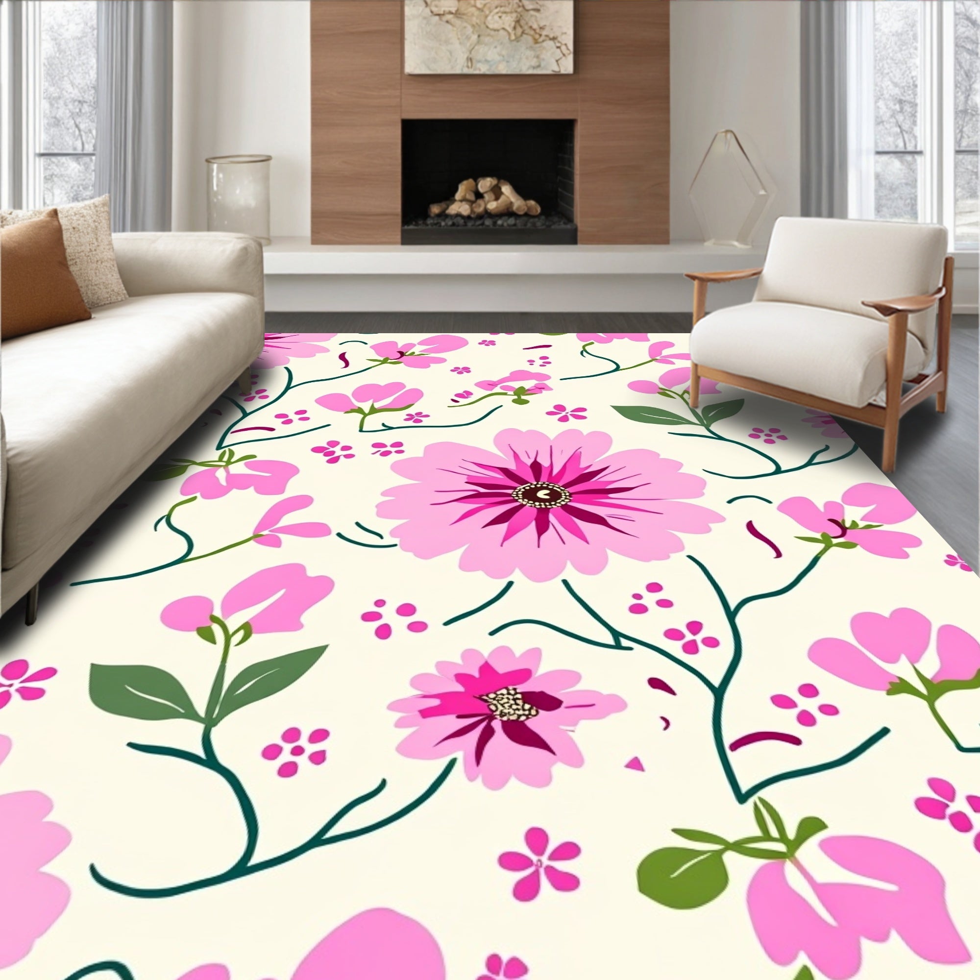 Whimsical Pink Floral Branch Pattern Rug