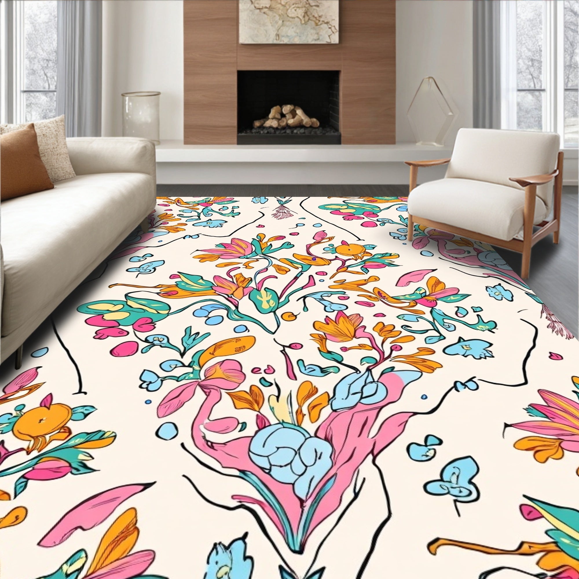Vibrant Floral Swirls Petals Design Rug