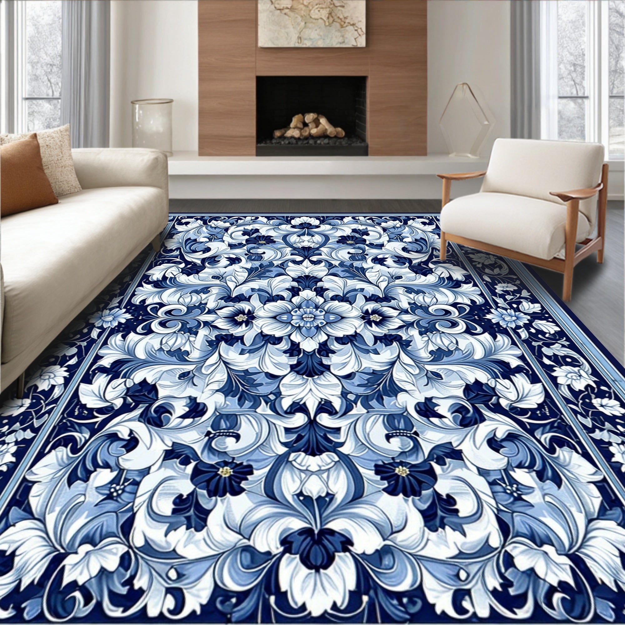 Intricate Floral Blue White Scrollwork Rug