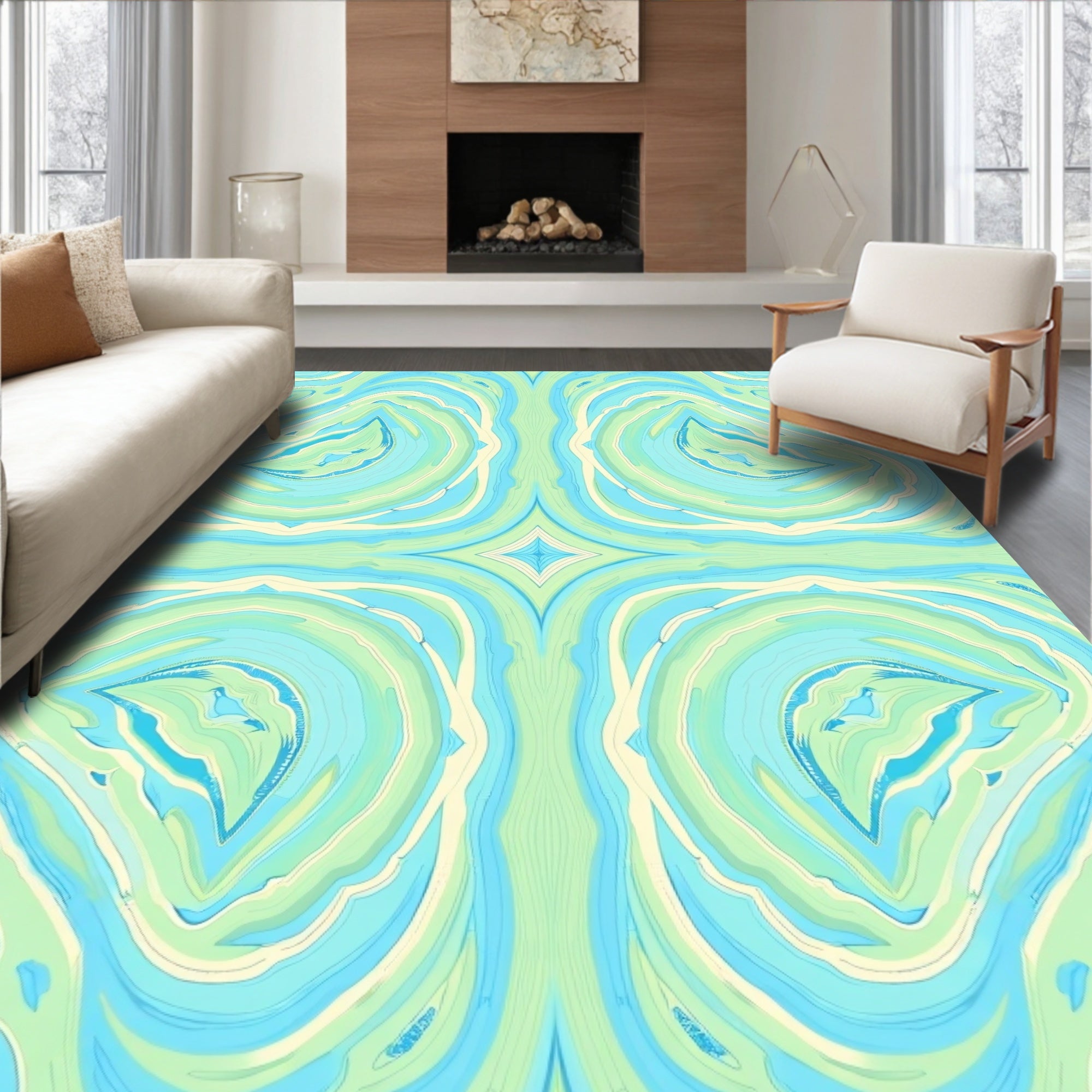 Soft Aqua Cream Swirl Kaleidoscope Rug