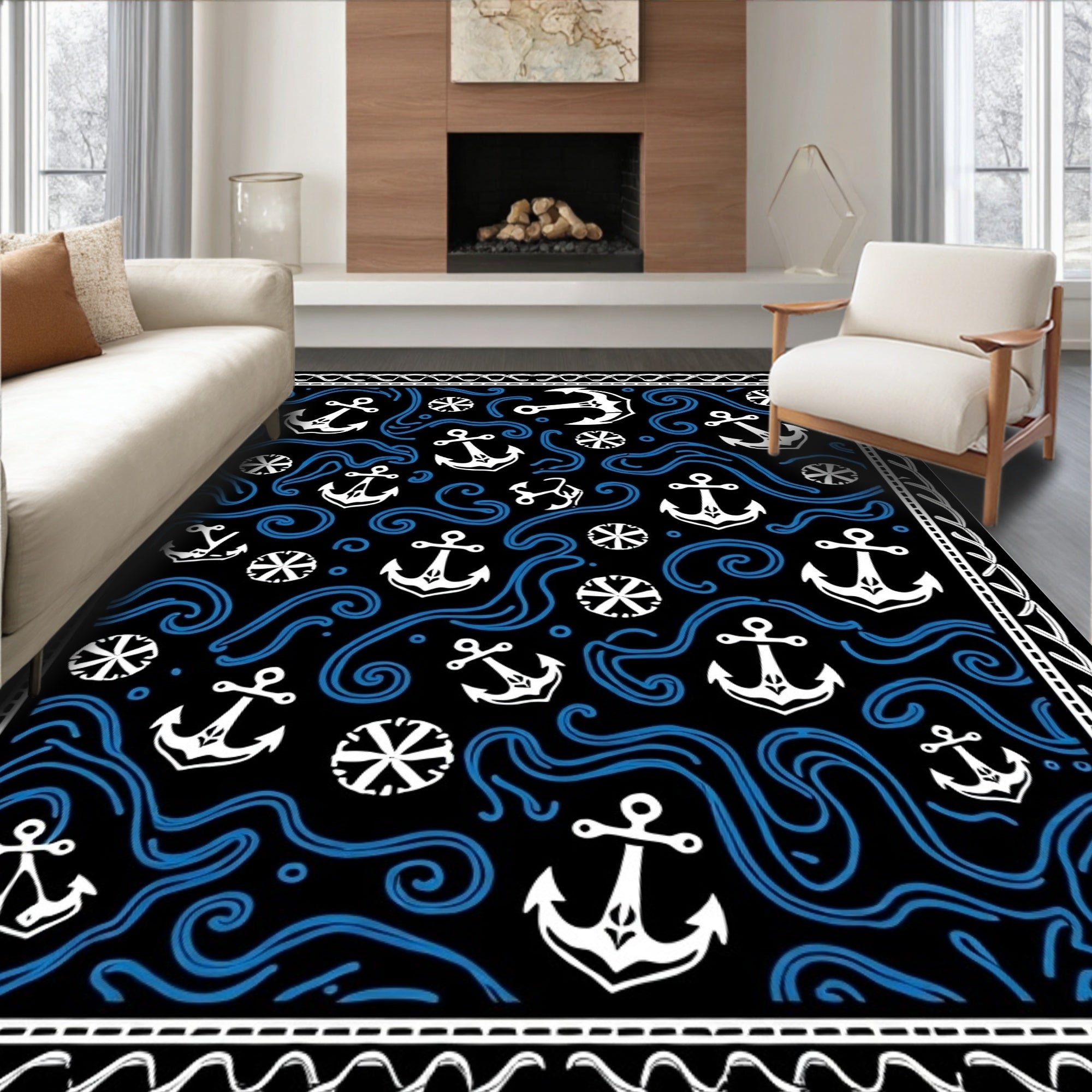 Nautical Anchor Waves Black Blue Rug
