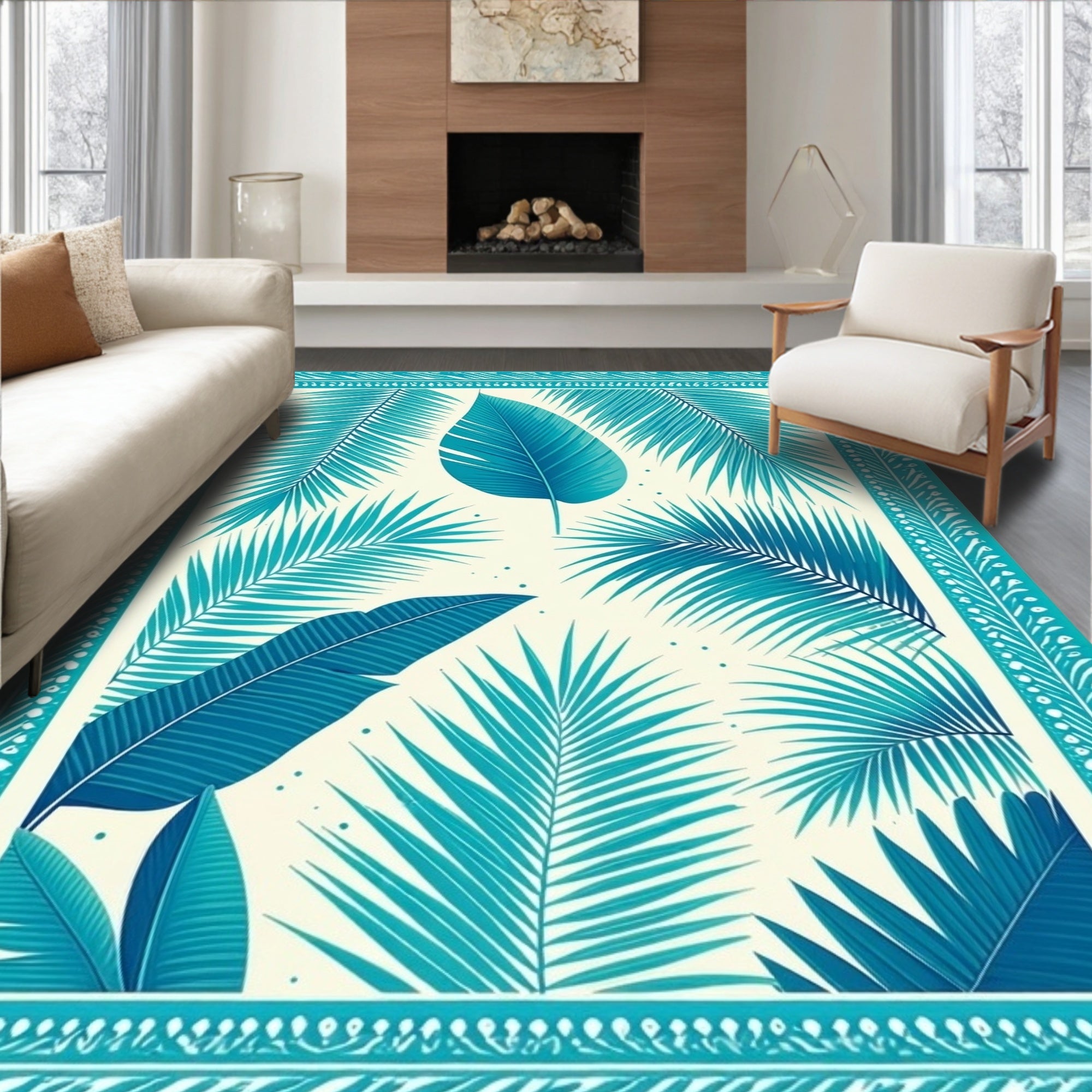 Tropical Leaf Bordered Design Rug