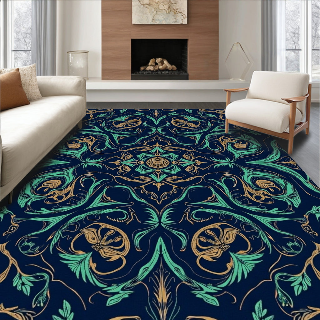 Ornate Teal Gold Swirl Pattern Rug