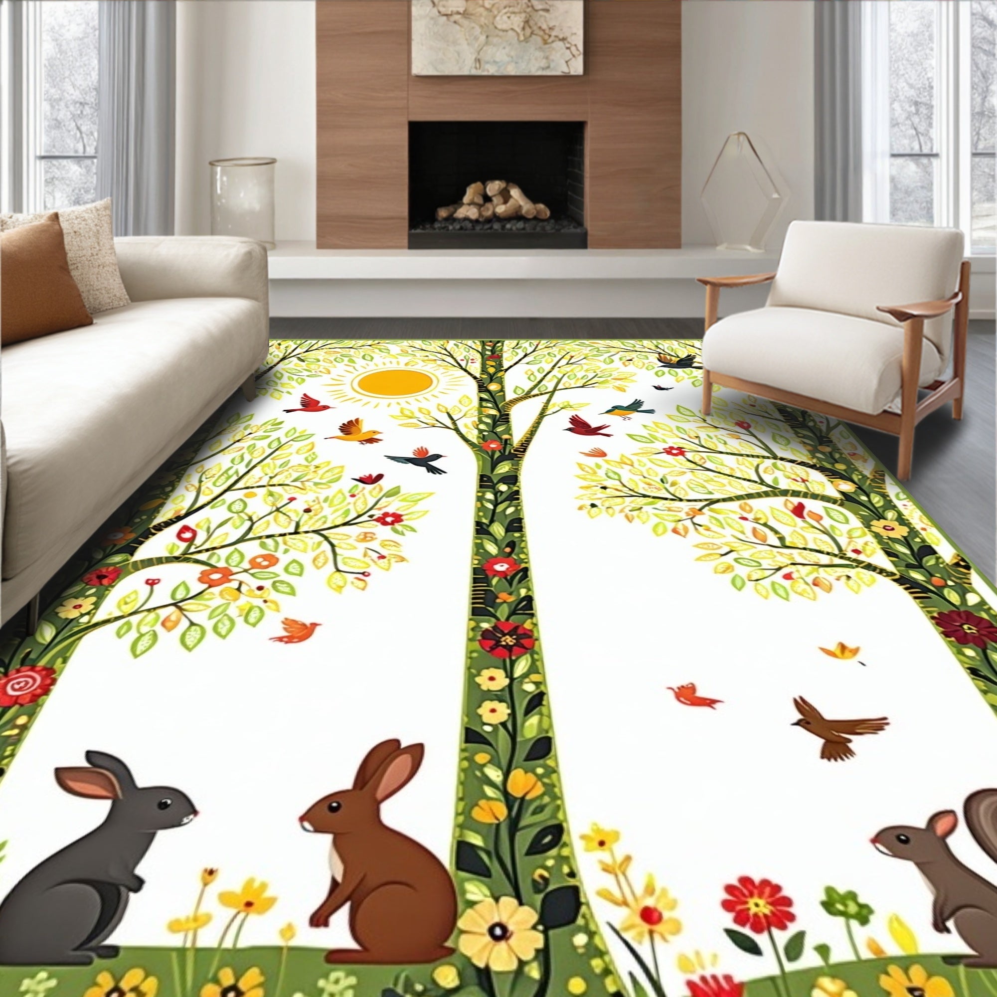 Spring Meadow Whimsical Forest Scene Rug