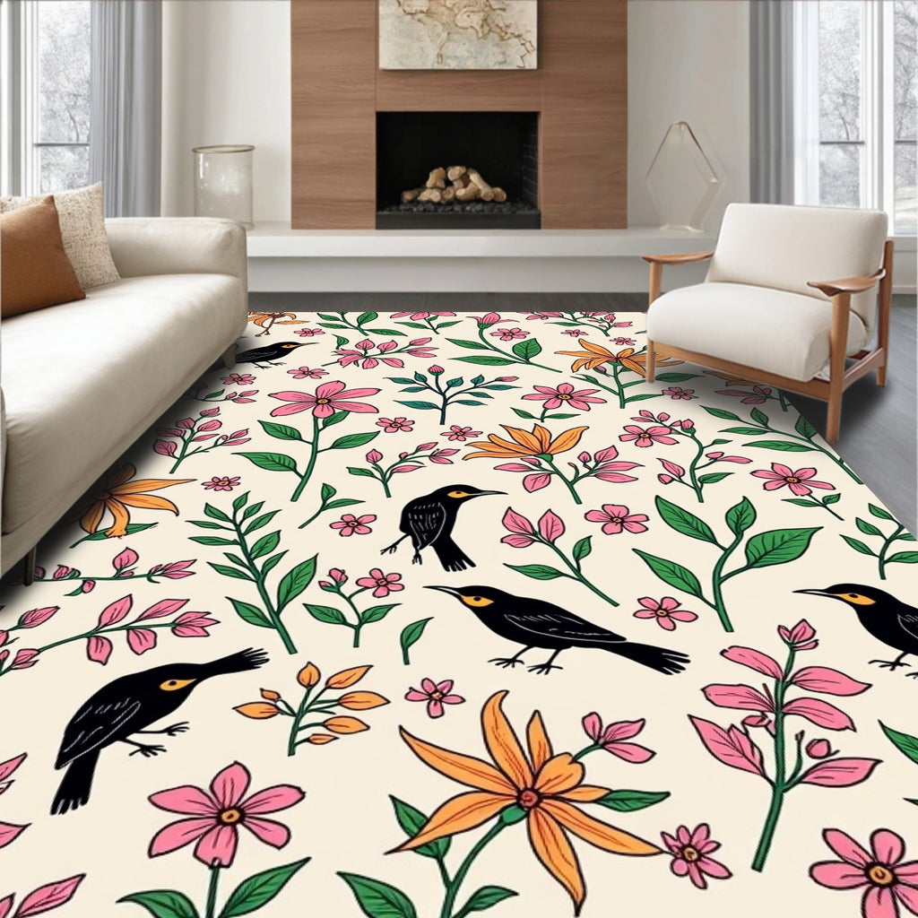 Whimsical Birds and Botanical Flowers Pattern Rug