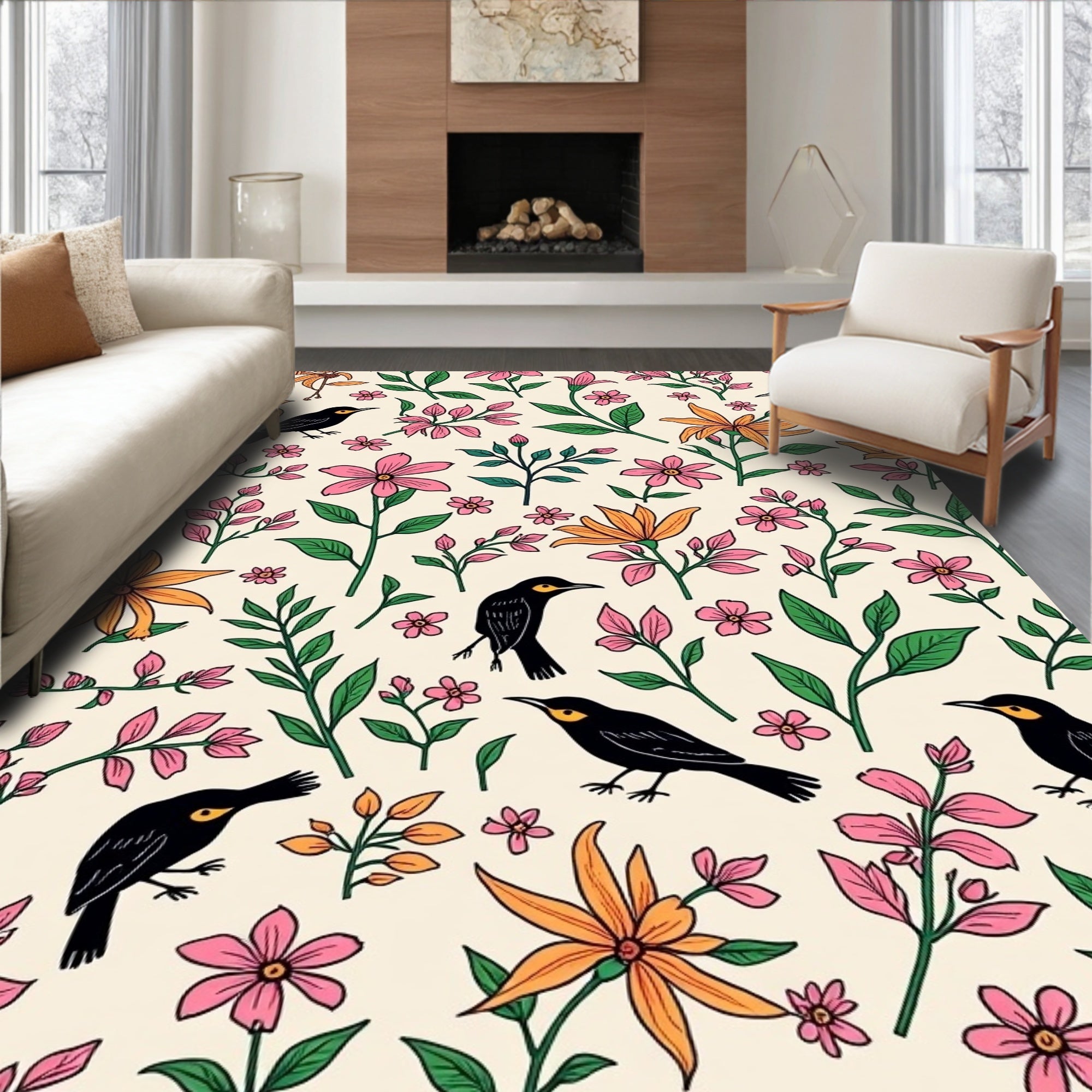 Whimsical Birds and Botanical Flowers Pattern Rug
