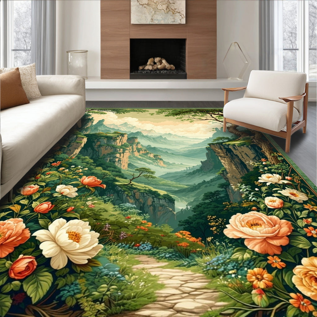 Enchanted Floral Mountain Valley Scene Rug