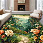Enchanted Floral Mountain Valley Scene Rug