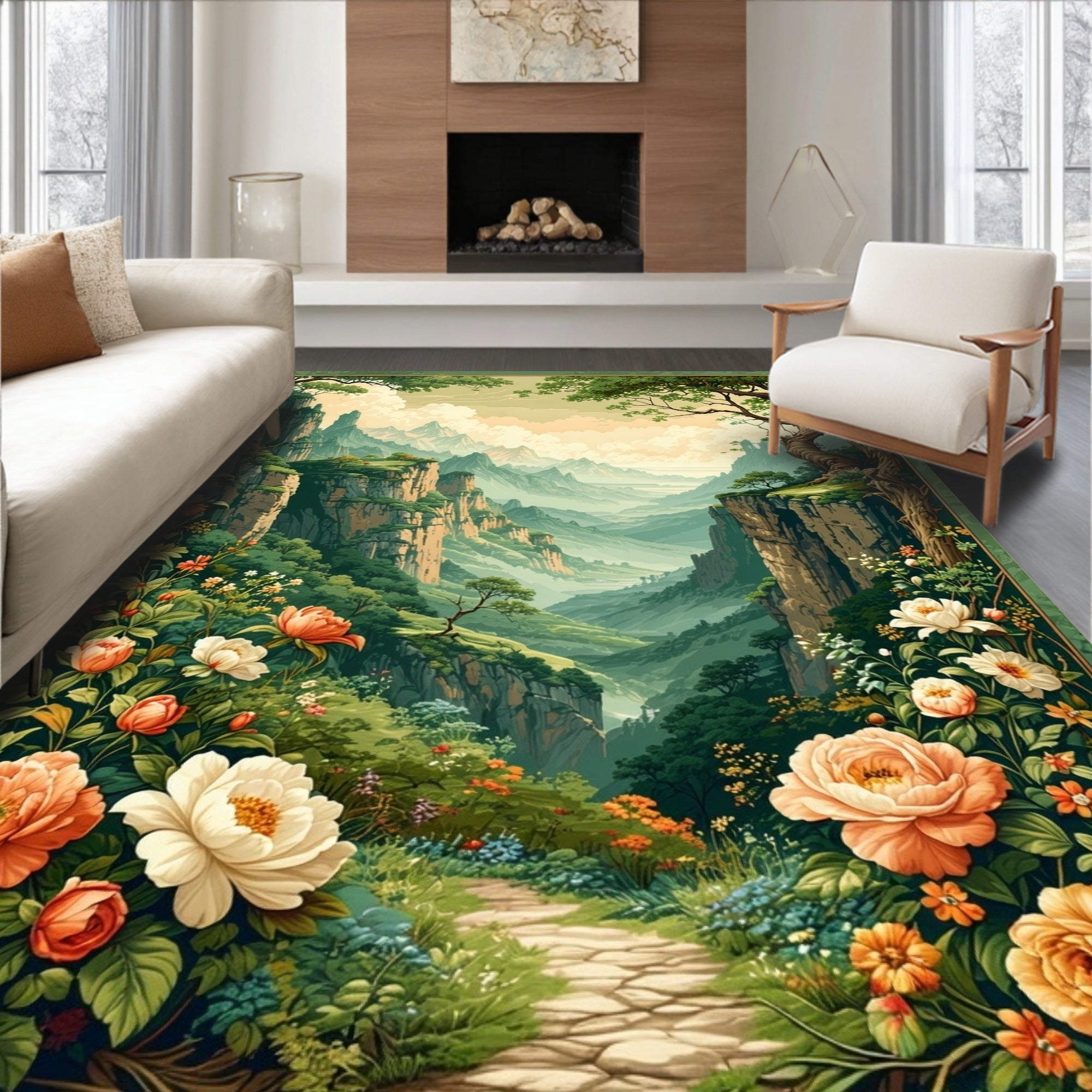 Enchanted Floral Mountain Valley Scene Rug
