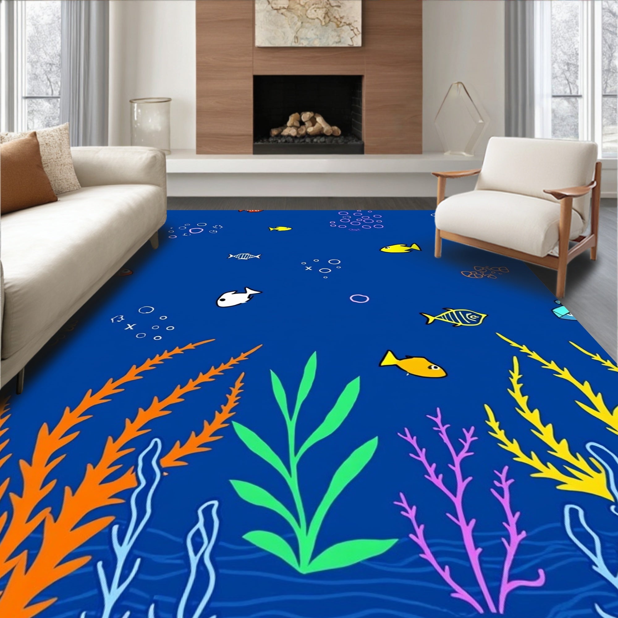 Underwater Fish and Coral Pattern Rug