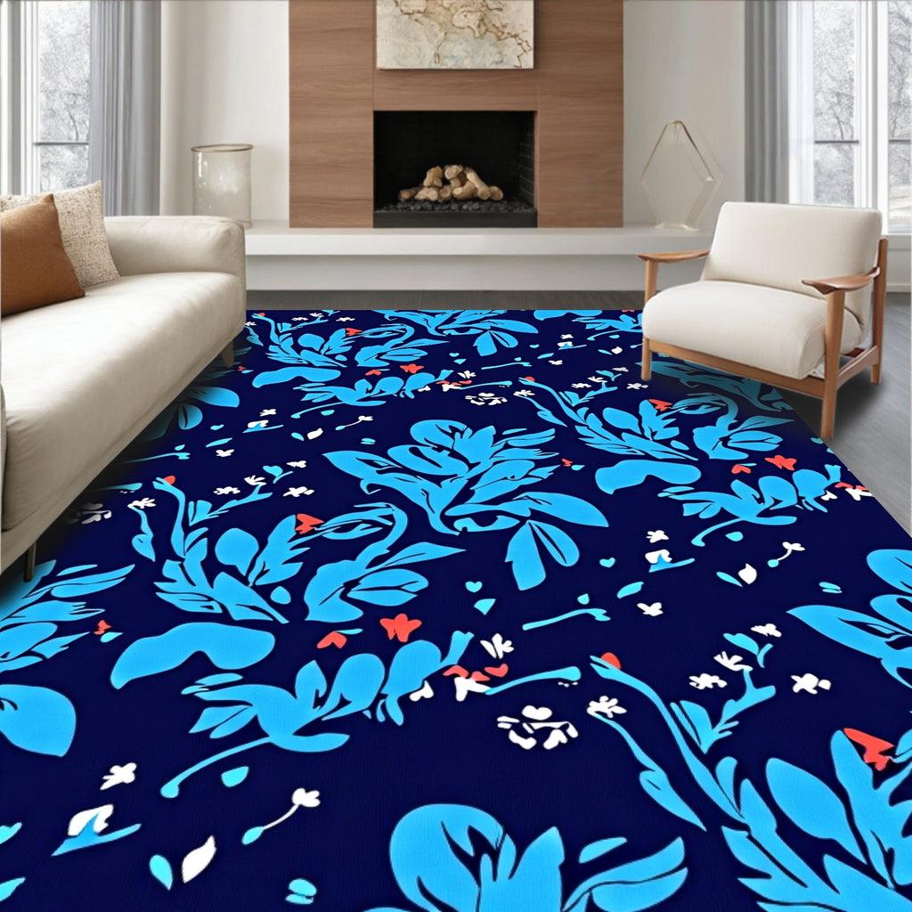 Blue Floral Whimsical Pattern Rug