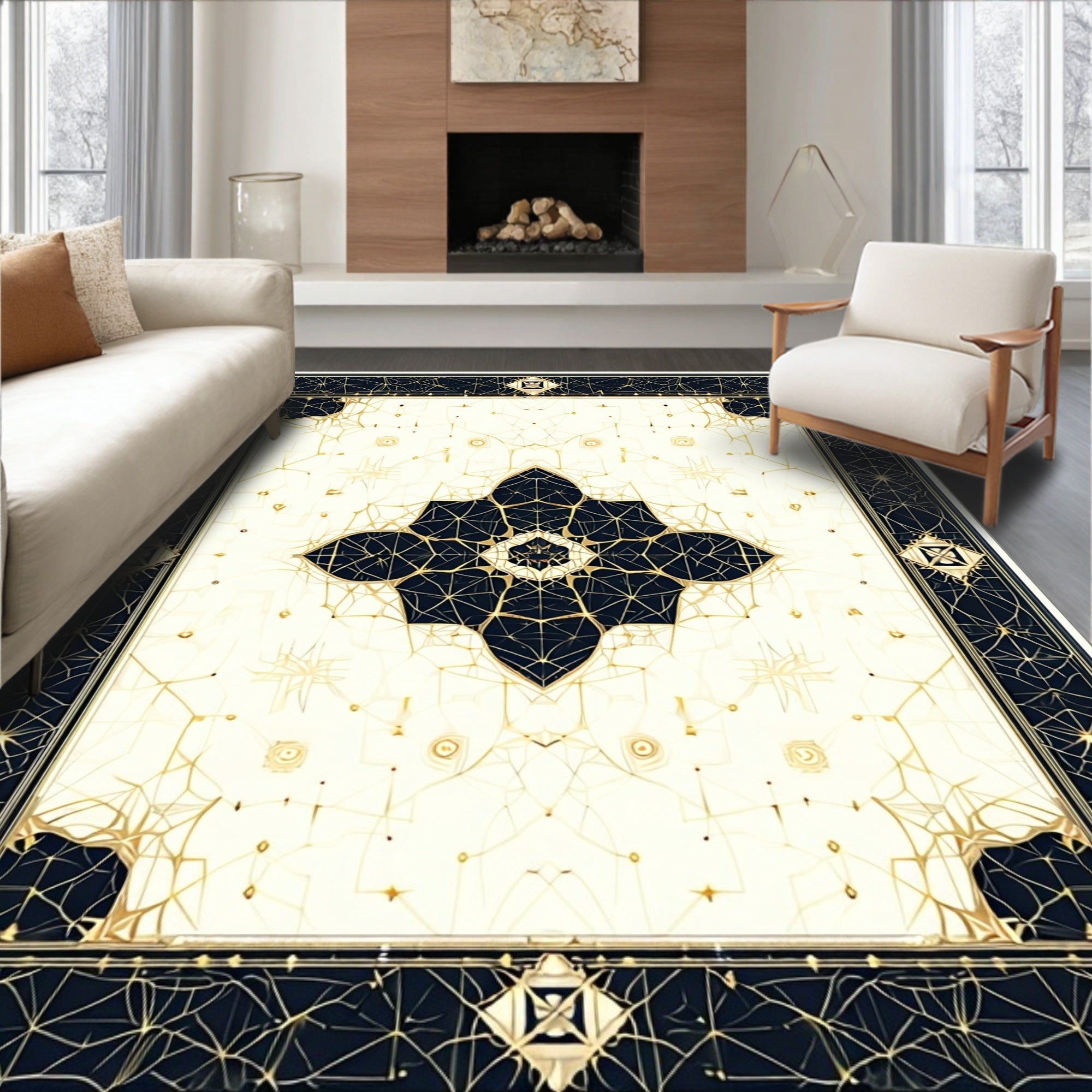 Ornate Black Gold Geometric Pattern Rug