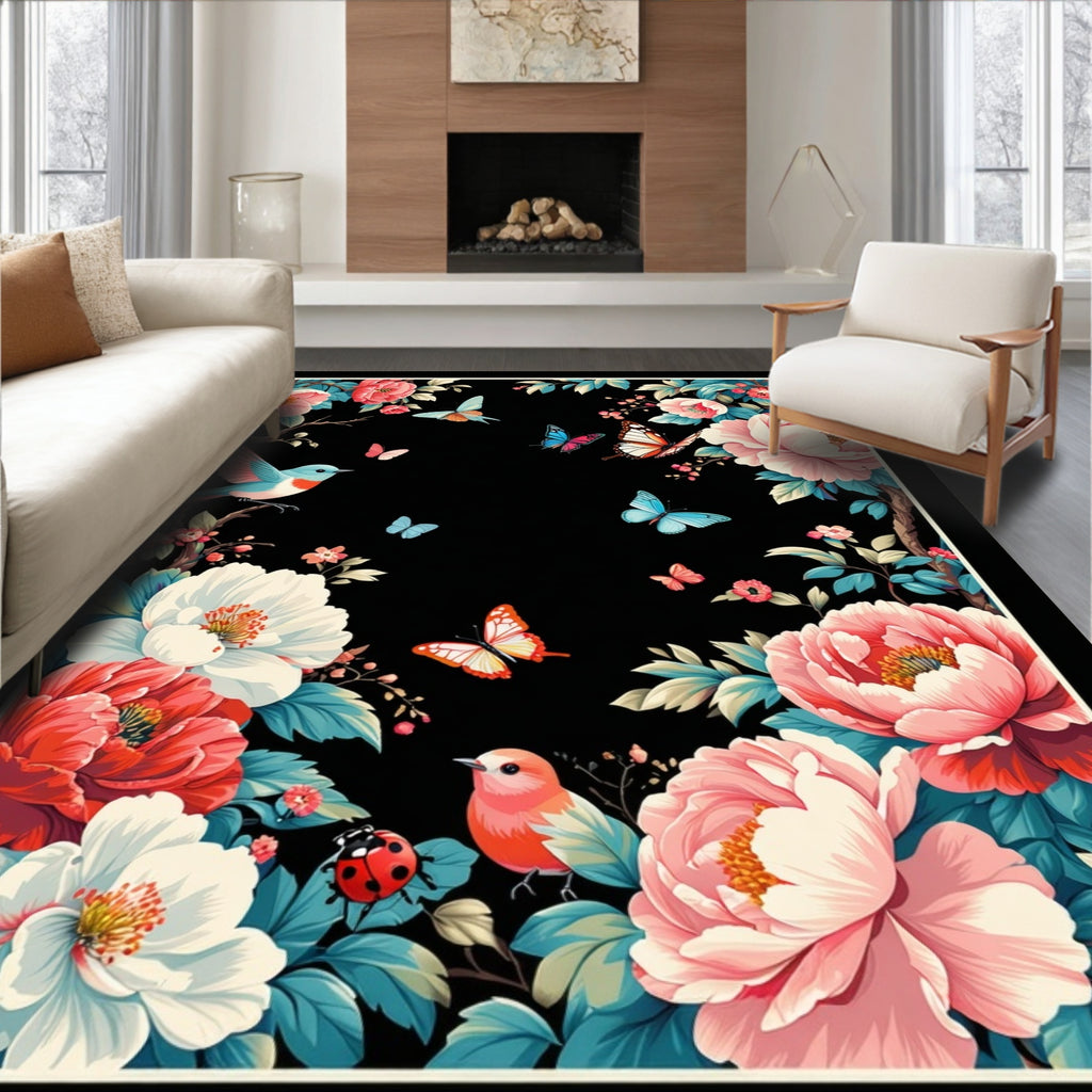 Floral Birds Butterflies Ladybugs Design Rug