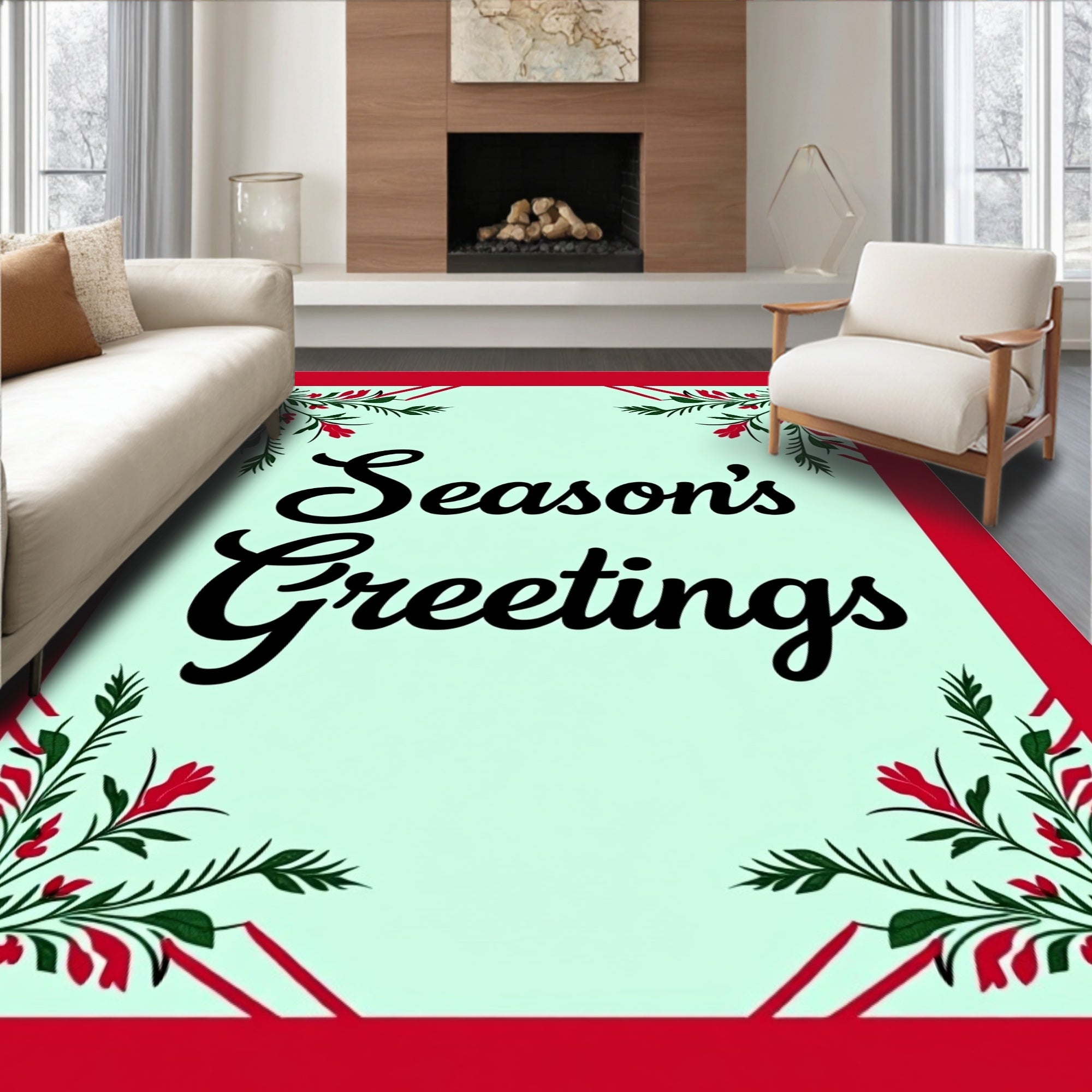 Red Floral Green Leaf Border Rug