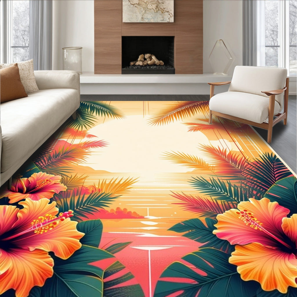Hawaiian Hibiscus Palm Tropical Scene Rug
