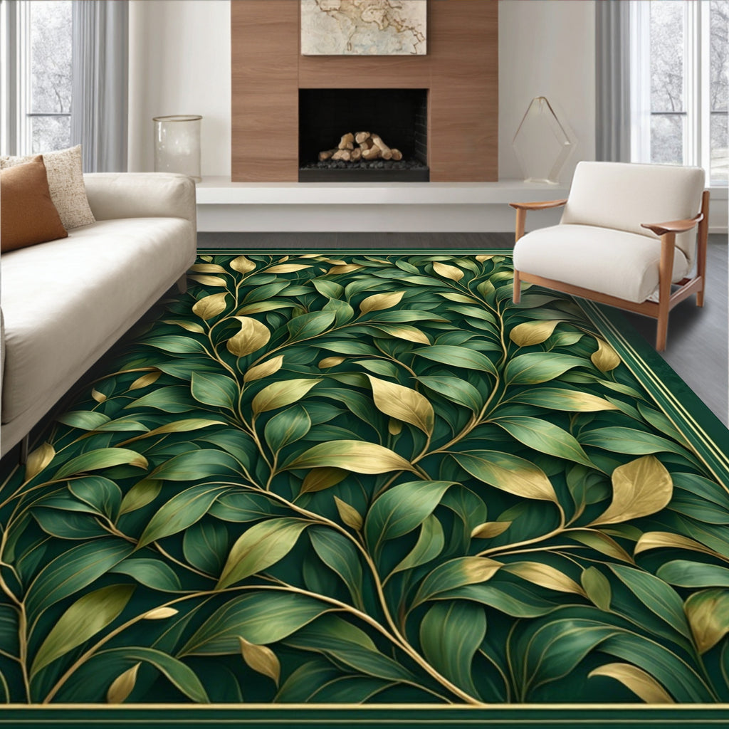 Dark Green Gold Leaf Botanical Pattern Rug