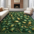 Dark Green Gold Leaf Botanical Pattern Rug