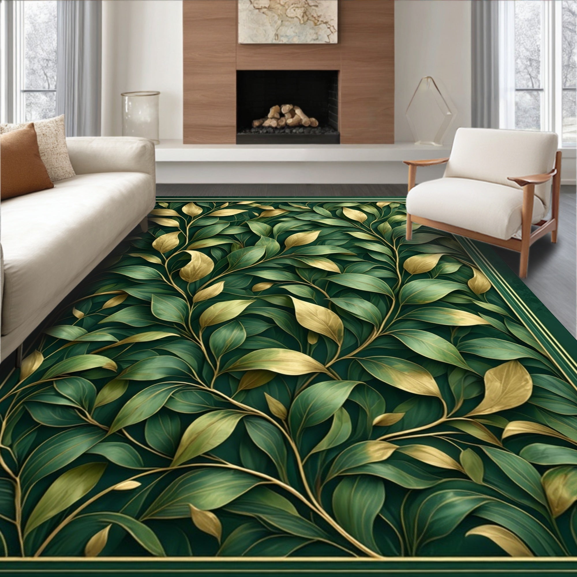 Dark Green Gold Leaf Botanical Pattern Rug