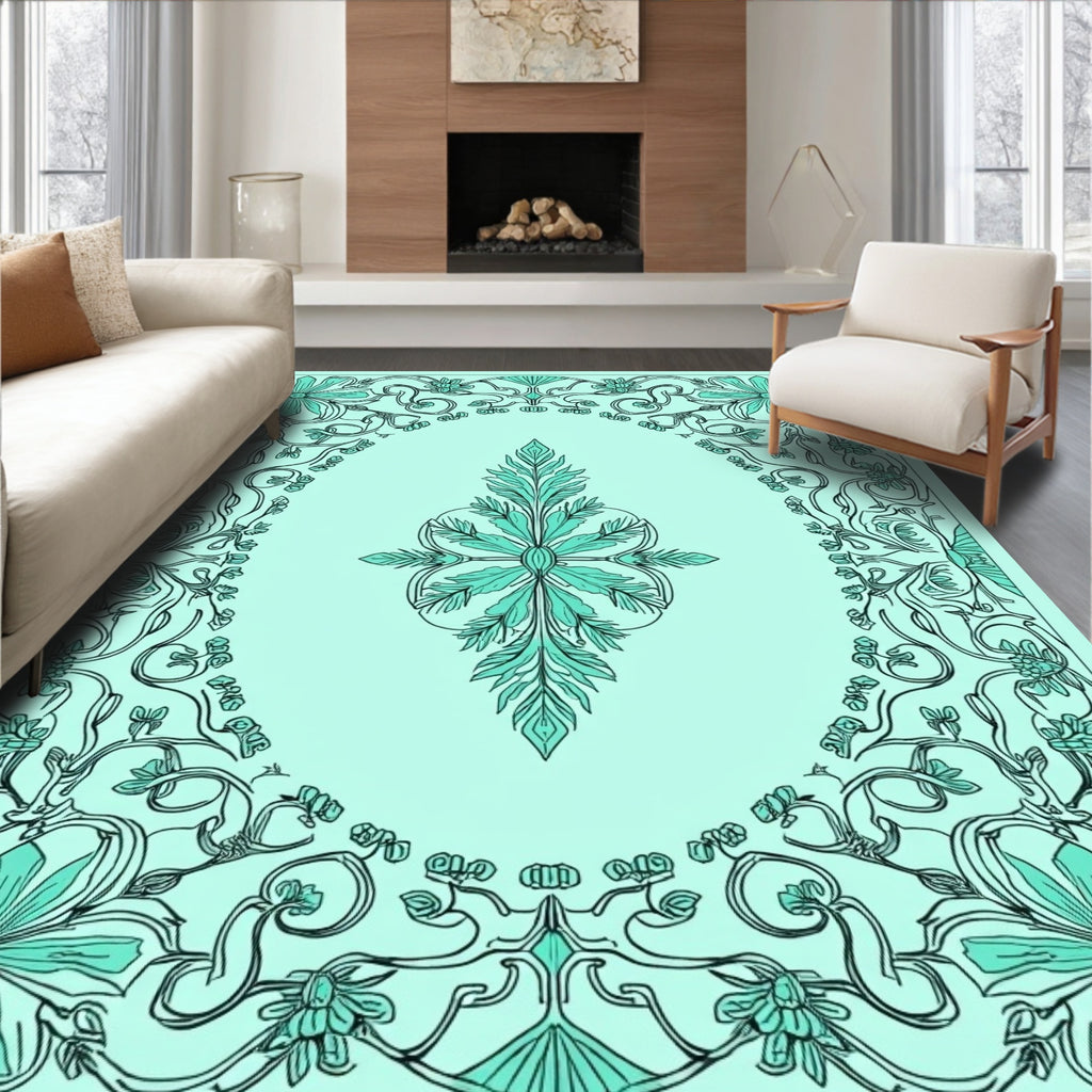 Aqua Floral Border Vine Design Rug