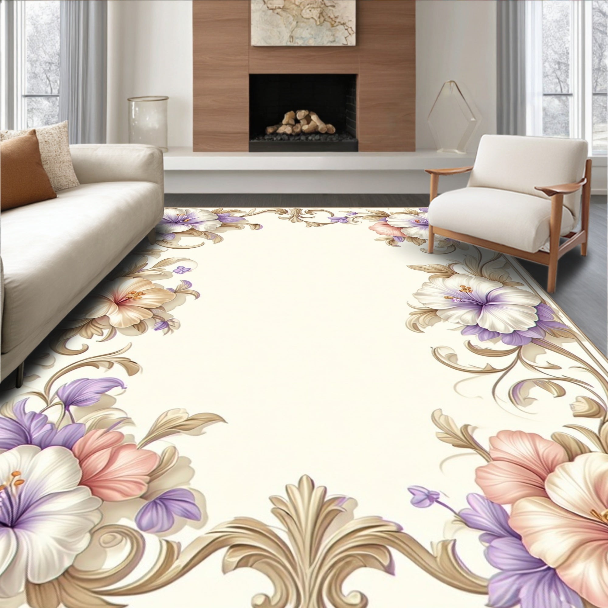Vintage Floral Scroll Border Design Rug
