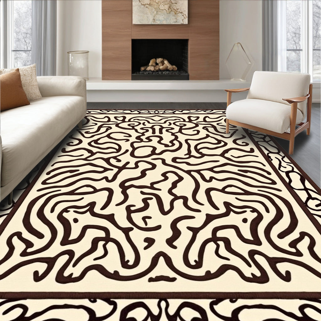 Cream and Brown Abstract Maze Rug